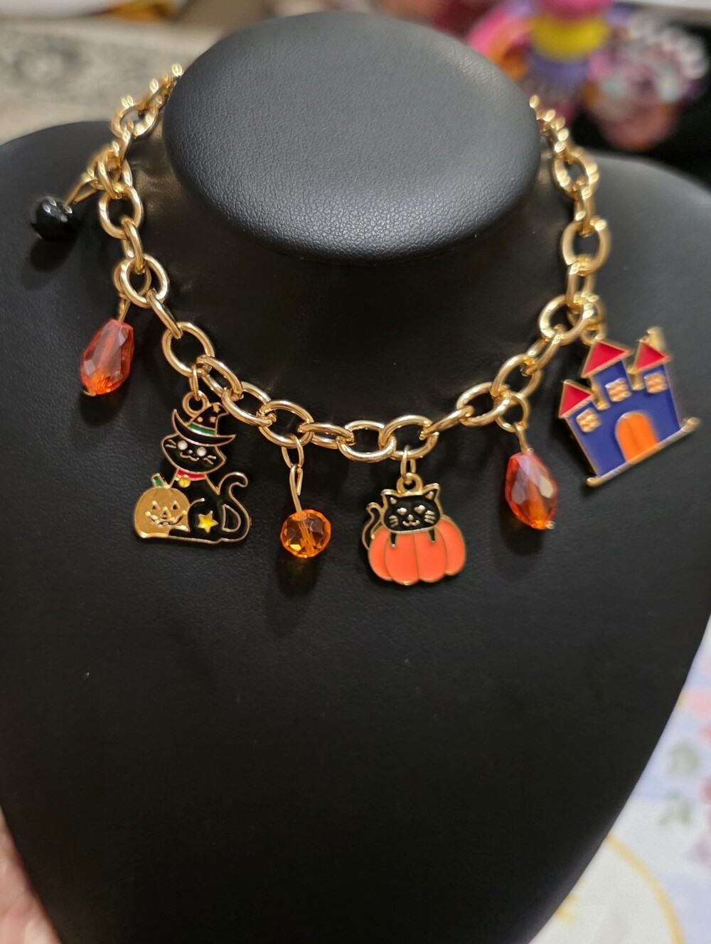 Halloween Cat & Pumpkin Charm Bracelet - Gold with Orange Accents